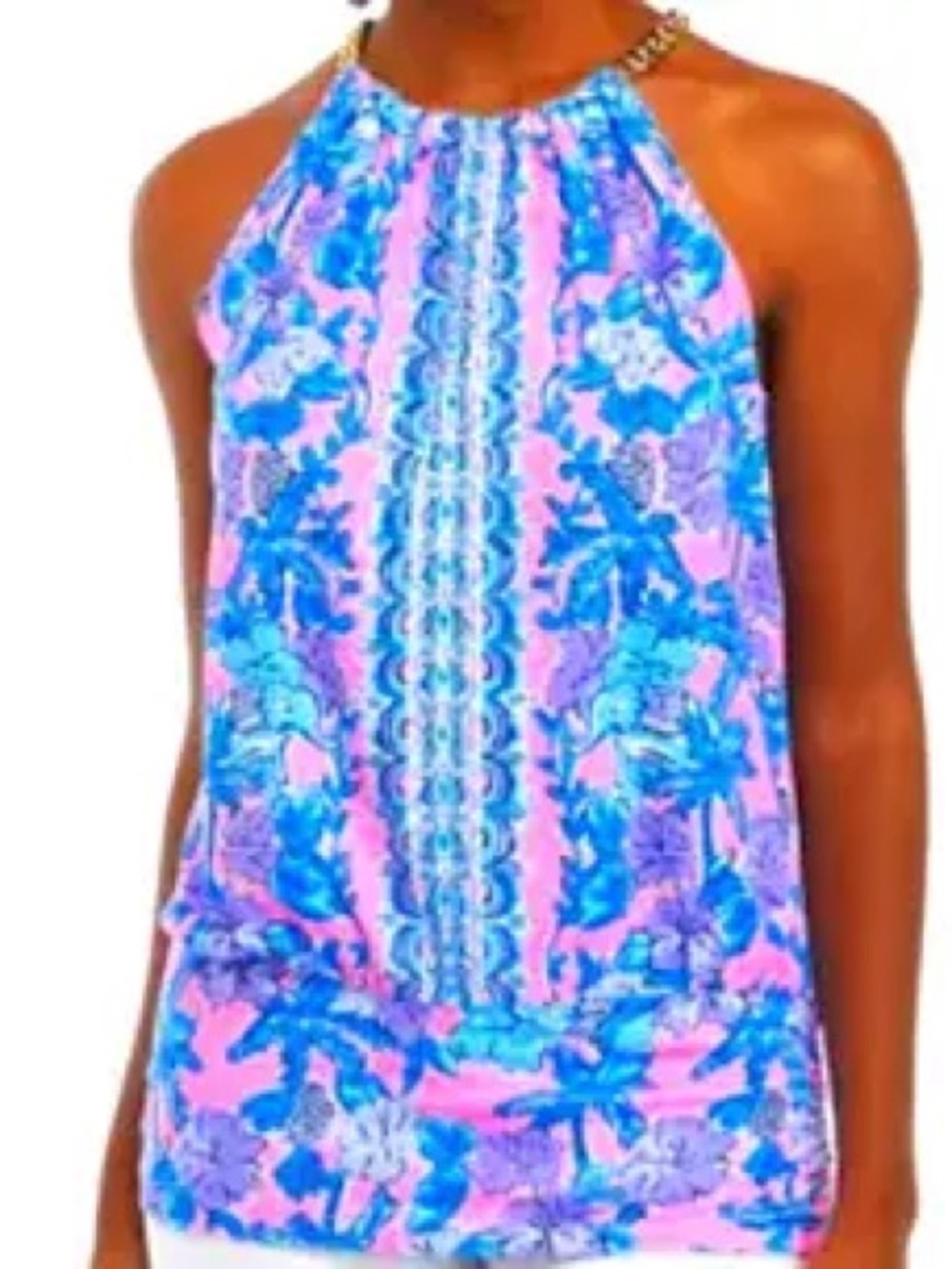 Lilly Pulitzer Vibrant Bowen Halter tank top Soleil Palm Paradise gold chain L